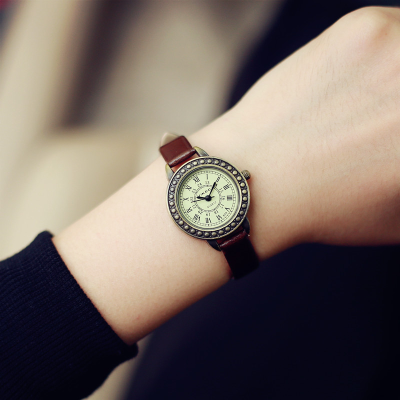 森女部落經典韓版新款日系復古簡約皮帶圓形小巧白領學生女手表