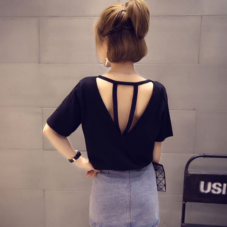 露背T恤女 寬松 韓版2017夏裝新款純色打底衫 性感漏背上衣女短袖
