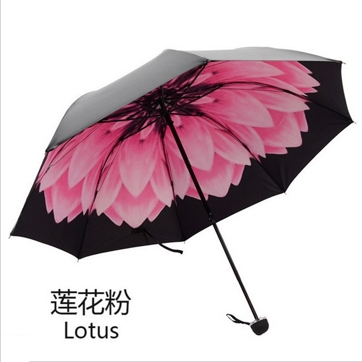 女夏防曬遮陽防紫外線小黑傘 時尚甜美小清新花朵三折疊黑膠雨傘