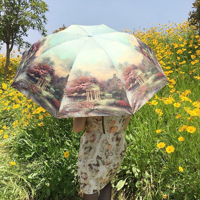 創意油畫傘黑膠遮陽傘防紫外線創意太陽傘折疊晴雨傘防曬小黑傘