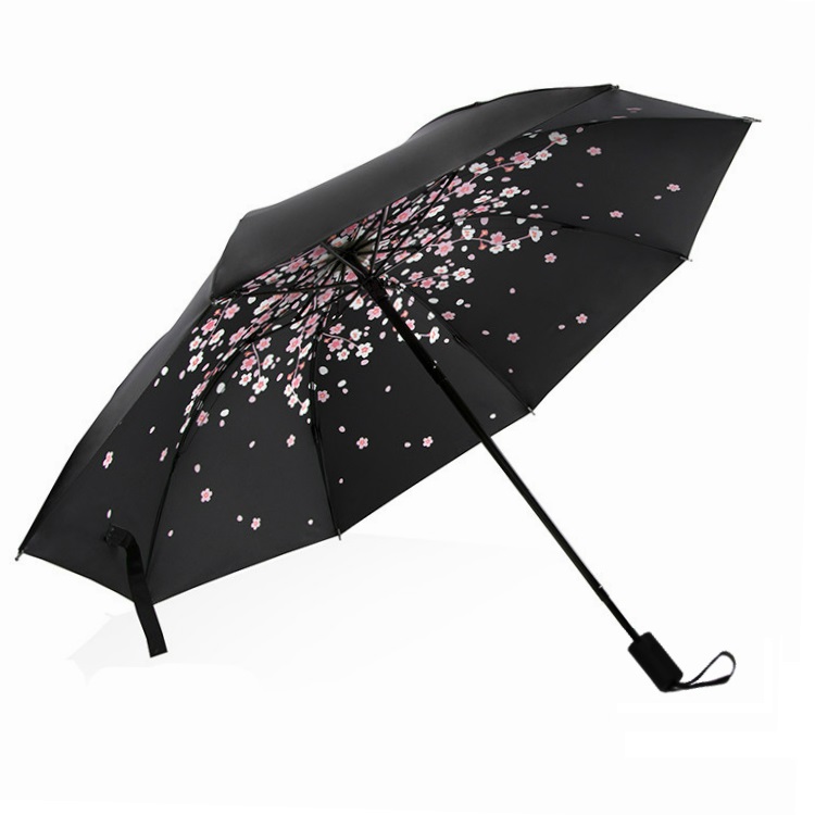 櫻花黑膠遮陽傘防紫外線創意太陽傘折疊三折晴雨傘防曬小黑傘