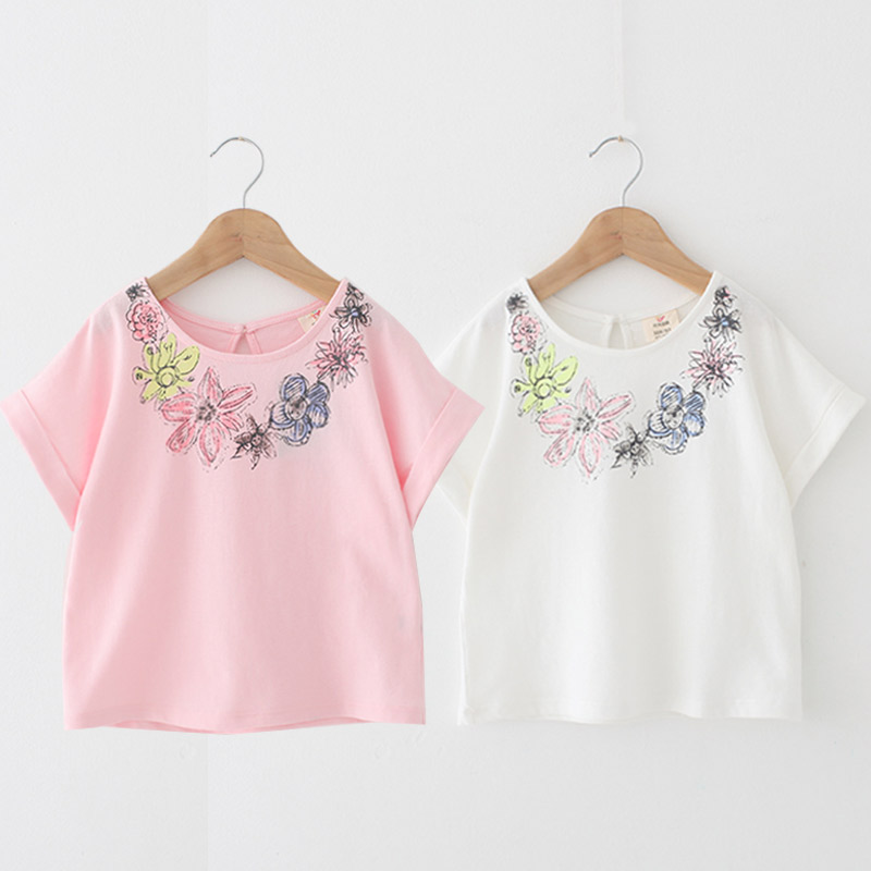夏裝新款純色女童童裝 兒童寶寶領口花朵短袖T恤 女 tx-5450