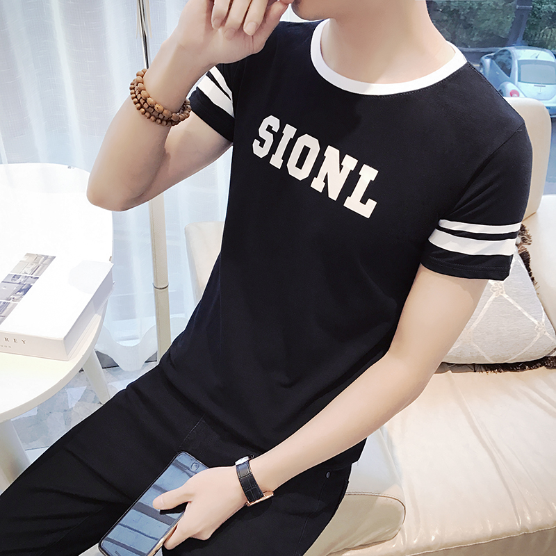 夏季韓版潮流男士修身純棉短袖T恤體恤半袖上衣服圓領青少年男裝