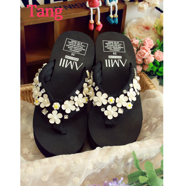 韓國夏日小雛菊鑲鉆夾腳人字拖立體花朵厚底坡跟鞋夾趾沙灘拖鞋