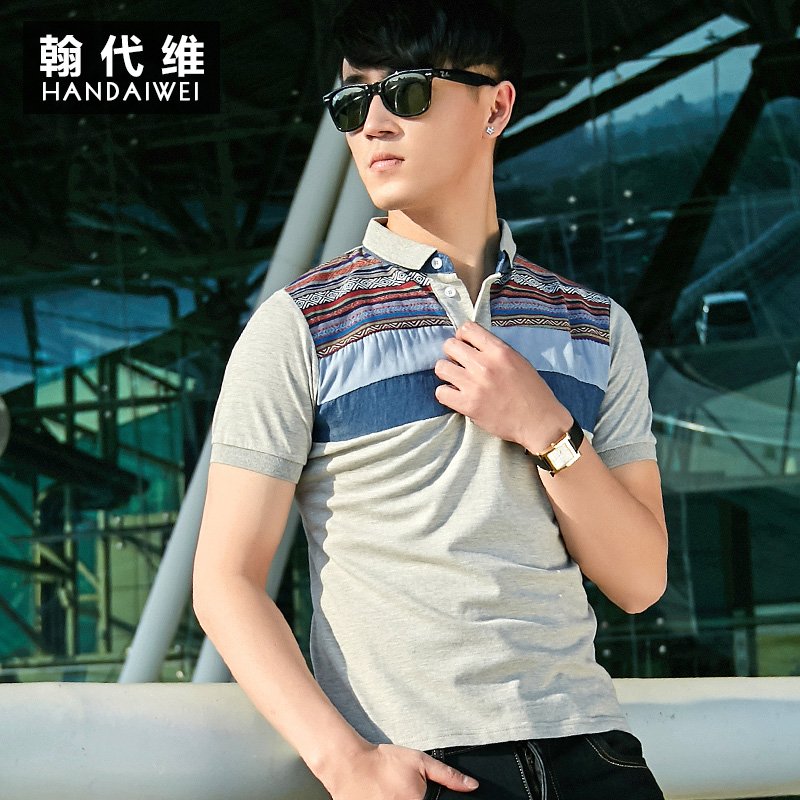 夏裝新款男士短袖T恤韓版個性原創拼接立領波點打底衫
